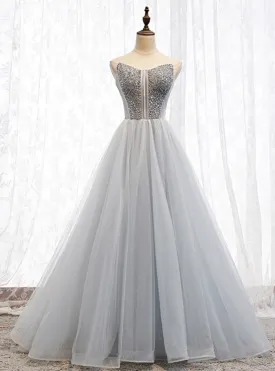 A-Line Gray Tulle Sweetheart Beading Prom Dress