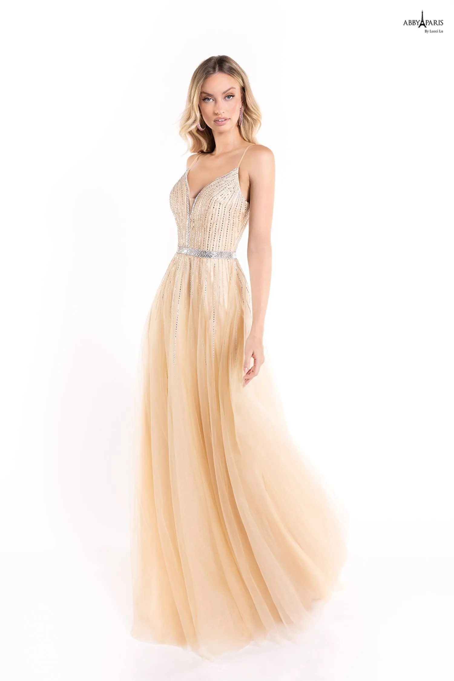 Abby Paris by Lucci Lu 90083 Sparkling Tulle Slim A-Line Dress - Blush or Champagne