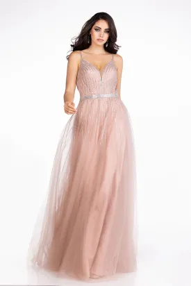 Abby Paris by Lucci Lu 90083 Sparkling Tulle Slim A-Line Dress - Blush or Champagne