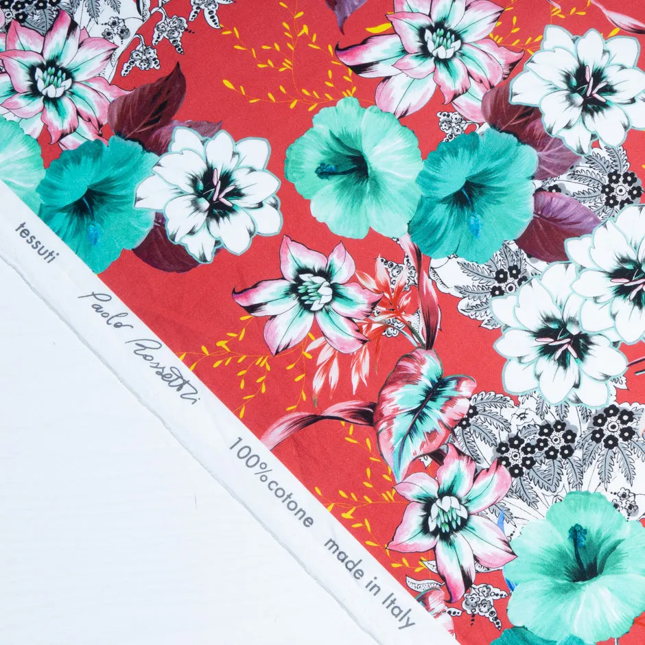 Aqua & White Floral Printed Red Luxury Cotton (A 1.75m Piece)