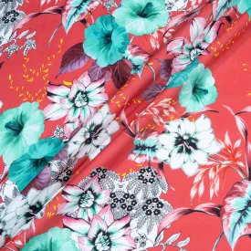 Aqua & White Floral Printed Red Luxury Cotton (A 1.75m Piece)