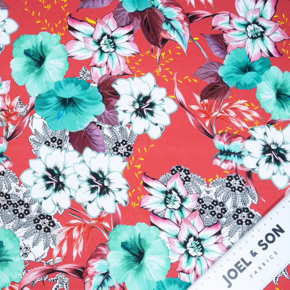 Aqua & White Floral Printed Red Luxury Cotton (A 1.75m Piece)