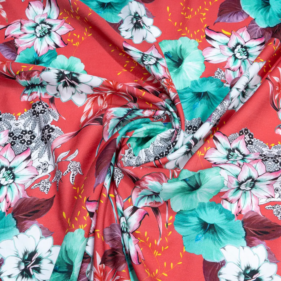 Aqua & White Floral Printed Red Luxury Cotton (A 1.75m Piece)