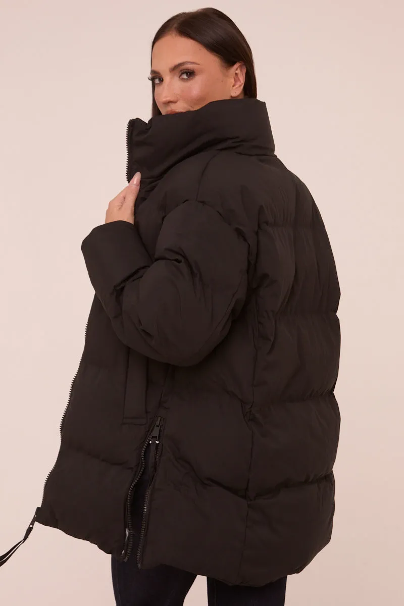 Black High Neck Zip Fastening Puffer Jacket - Camelia