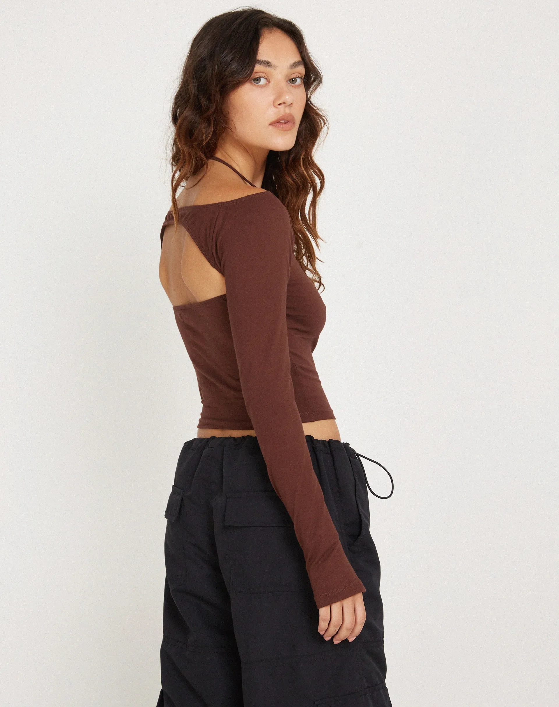 Braja Long Sleeve Halterneck Top in Seal Brown