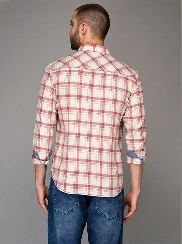 Greenfibre White & Pink Checked Slim Fit Casual Shirt