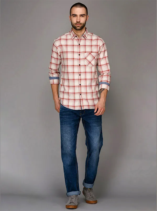 Greenfibre White & Pink Checked Slim Fit Casual Shirt