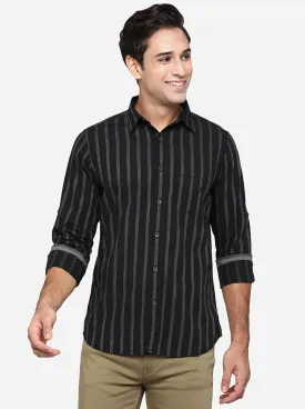 Jet Black Striped Slim Fit Semi Casual Shirt | JadeBlue