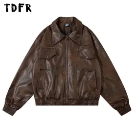 Motorcycle Leather Jacket Mens Streetwear Lapel Zipper Long Sleeve Jacket