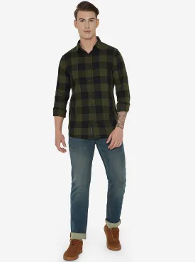 Navy Blue & Green Checked Slim Fit Semi Casual Shirt | JadeBlue