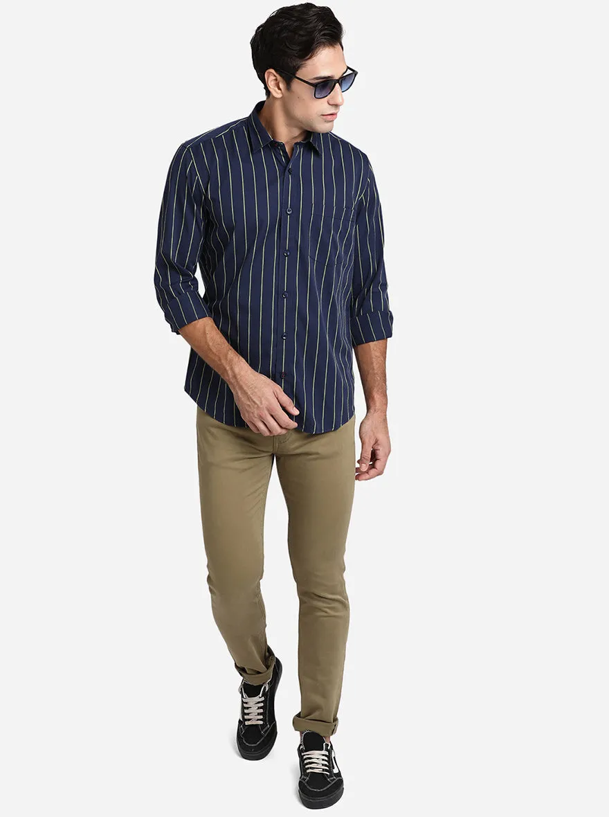 Navy Blue & Olive Green Striped Slim Fit Casual Shirt | JadeBlue