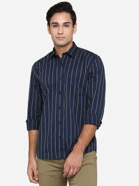 Navy Blue & Olive Green Striped Slim Fit Casual Shirt | JadeBlue