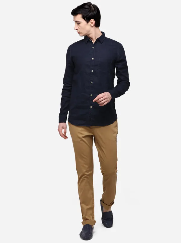 Navy Blue Slim Fit Solid Casual Shirt | JadeBlue