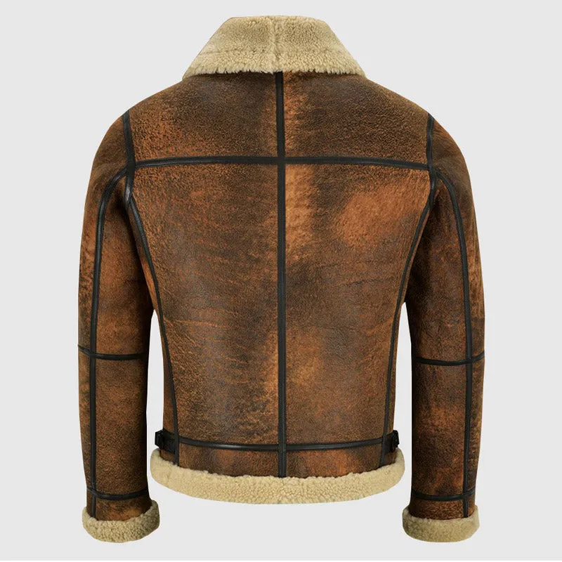 New Style Men Genuine Distressed Brown Leather Shearling Jacket