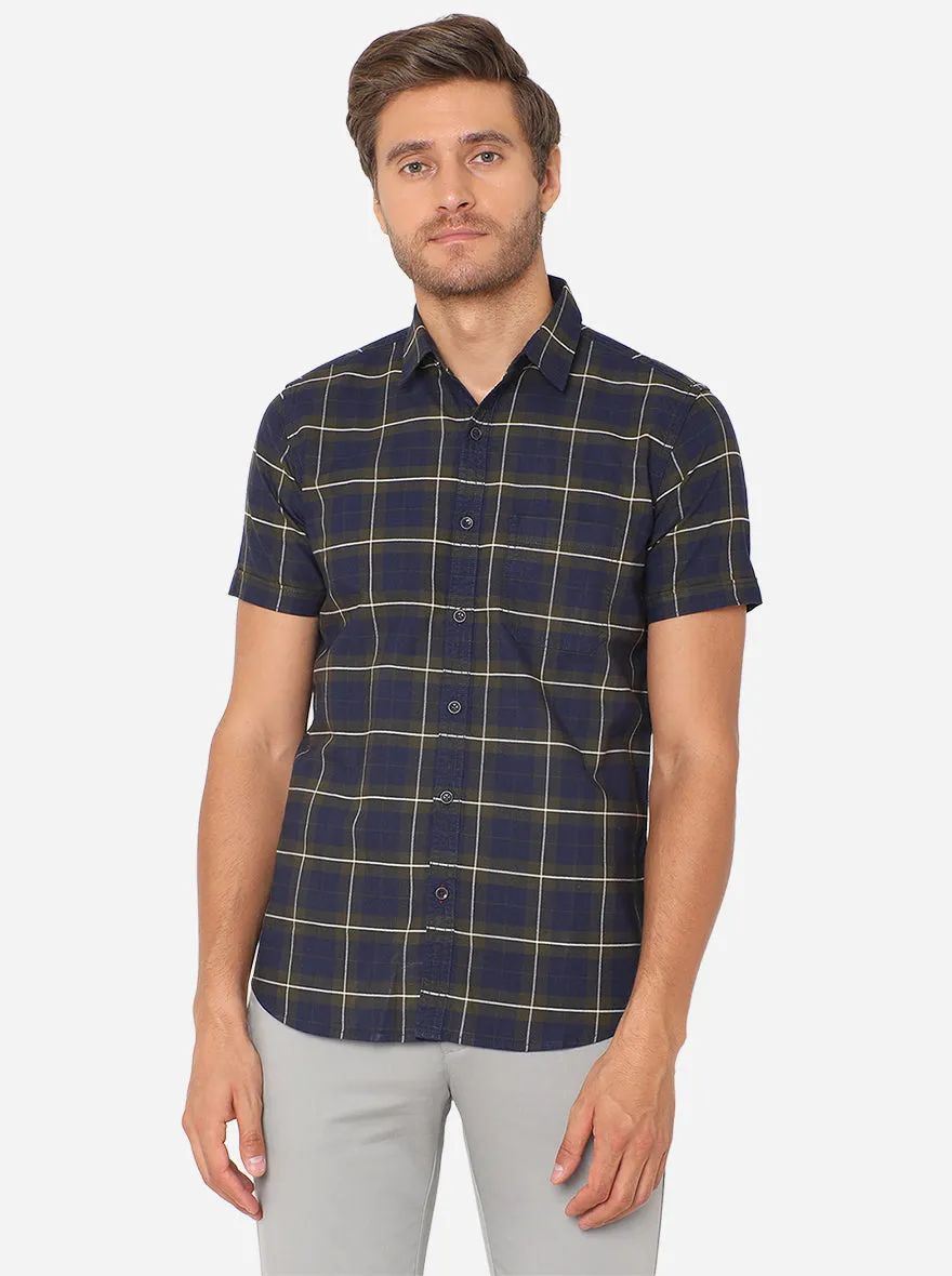 Olive & Blue Checked Slim Fit Semi Casual Shirt | JadeBlue