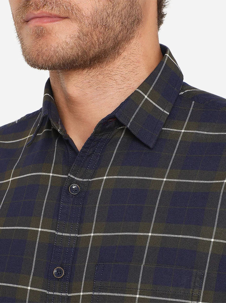 Olive & Blue Checked Slim Fit Semi Casual Shirt | JadeBlue