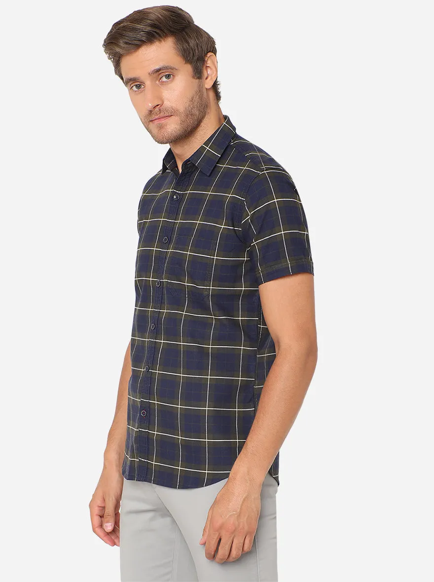 Olive & Blue Checked Slim Fit Semi Casual Shirt | JadeBlue