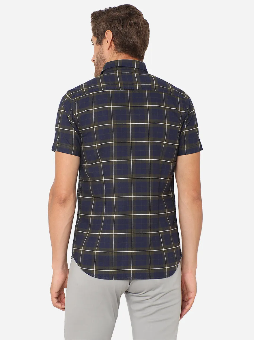 Olive & Blue Checked Slim Fit Semi Casual Shirt | JadeBlue