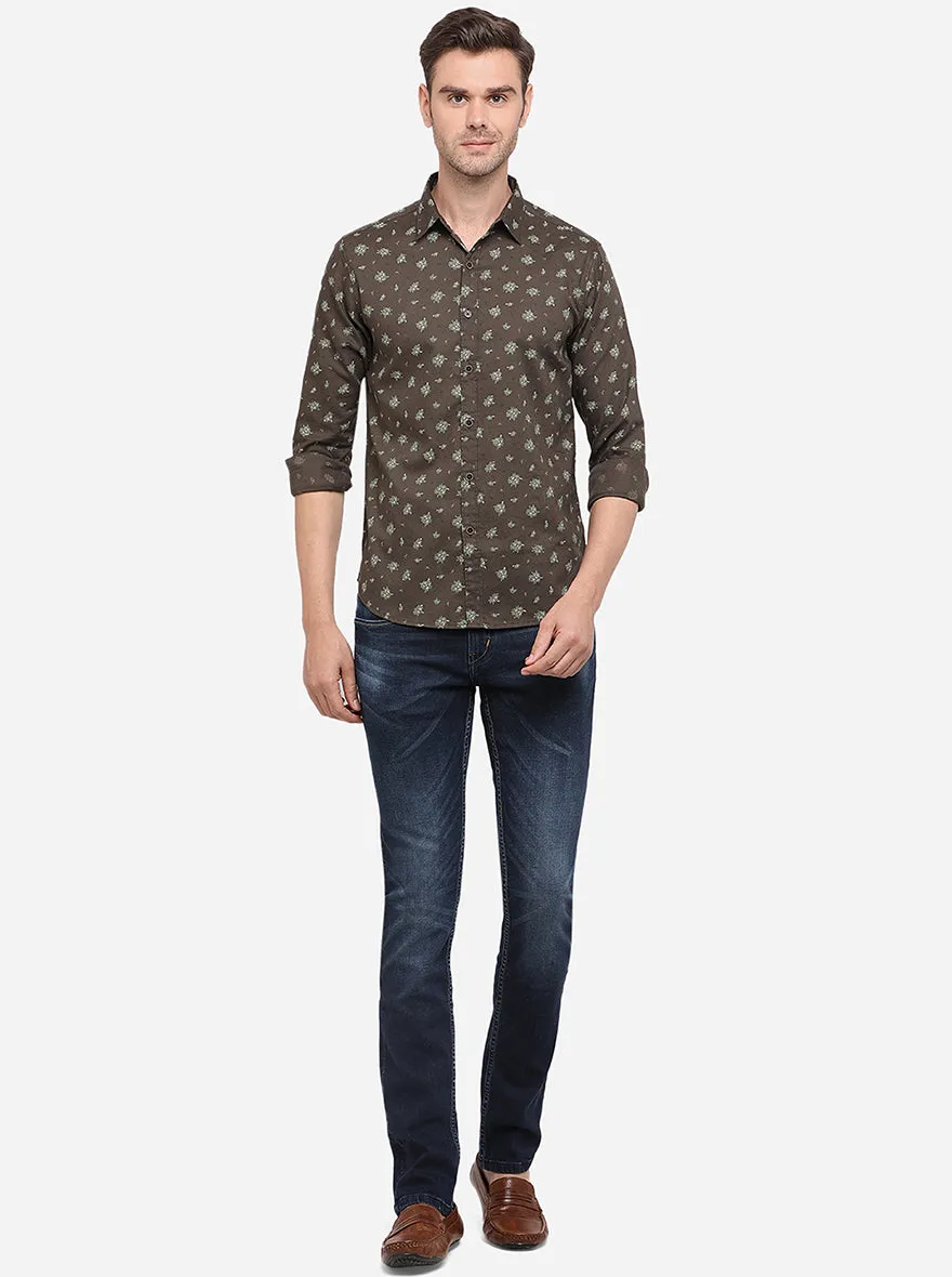 Olive Brown Printed Slim Fit Casual Shirt | Greenfibre