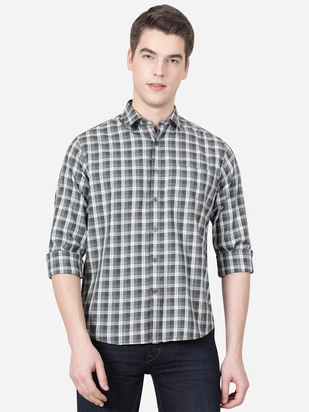 Olive Green Checked Slim Fit Casual Shirt | Greenfibre