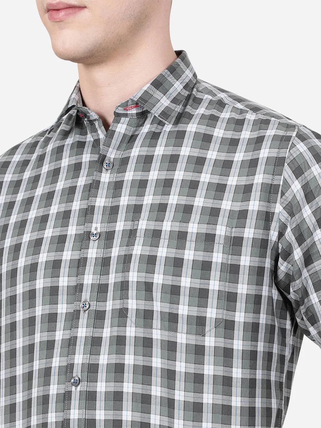 Olive Green Checked Slim Fit Casual Shirt | Greenfibre