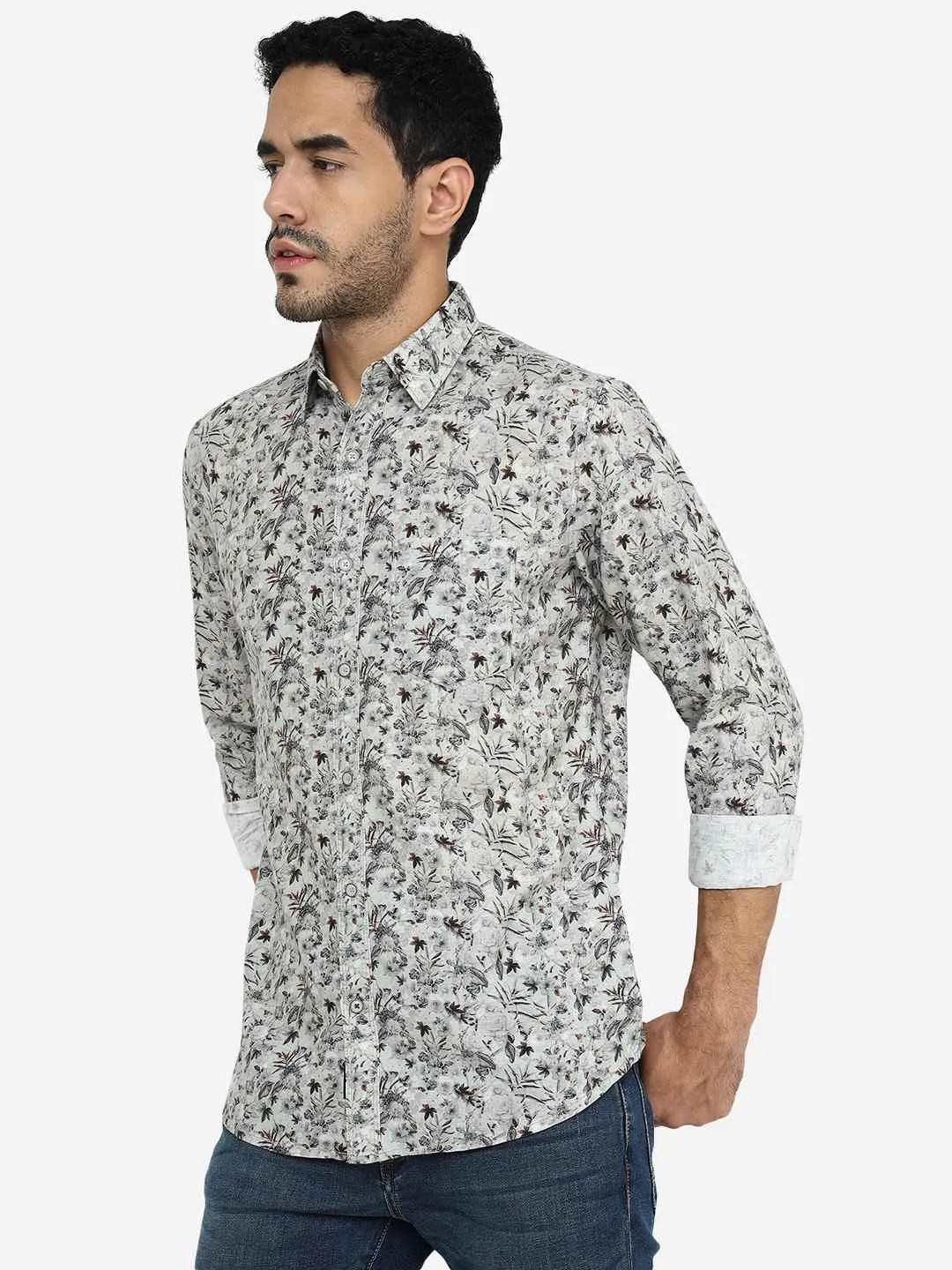 Pastel Green Printed Slim Fit Casual Shirt | JadeBlue