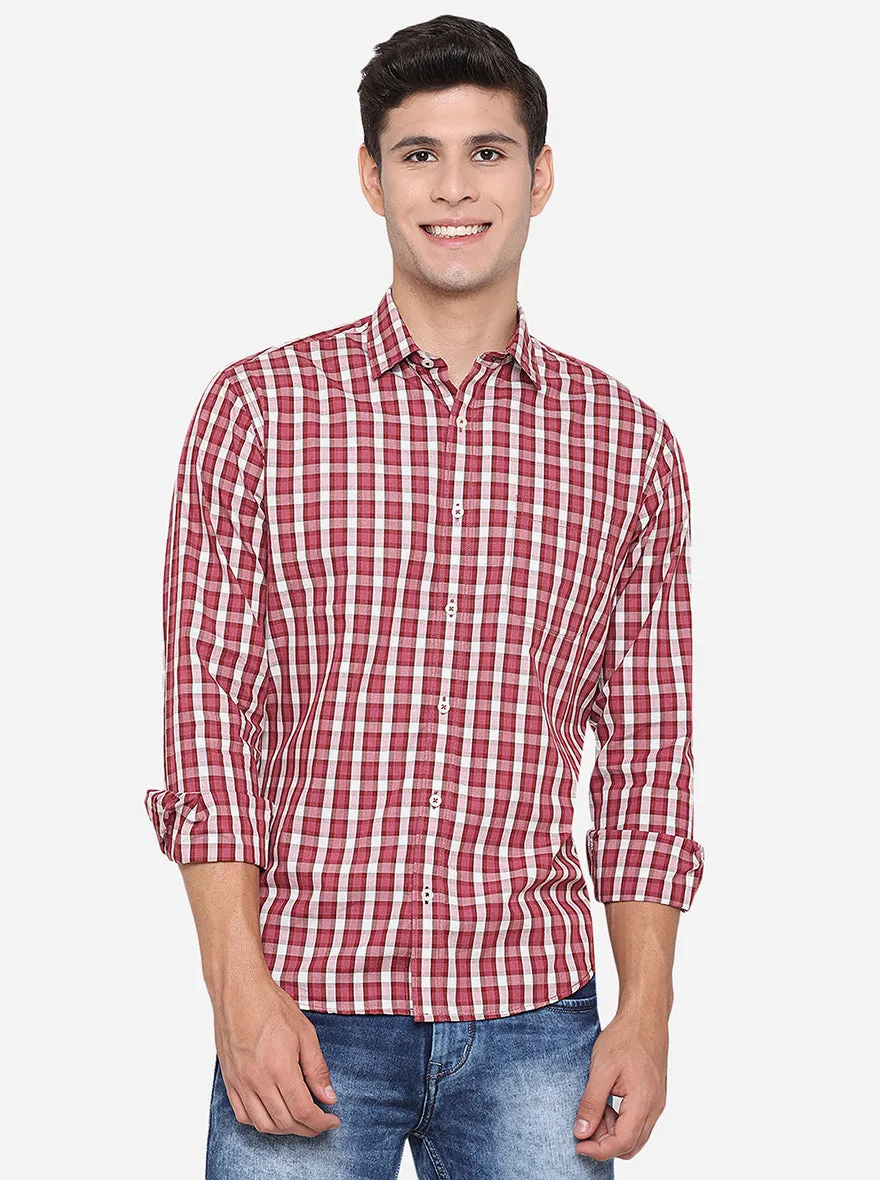 Red & White Checked Slim Fit Casual Shirt | Greenfibre