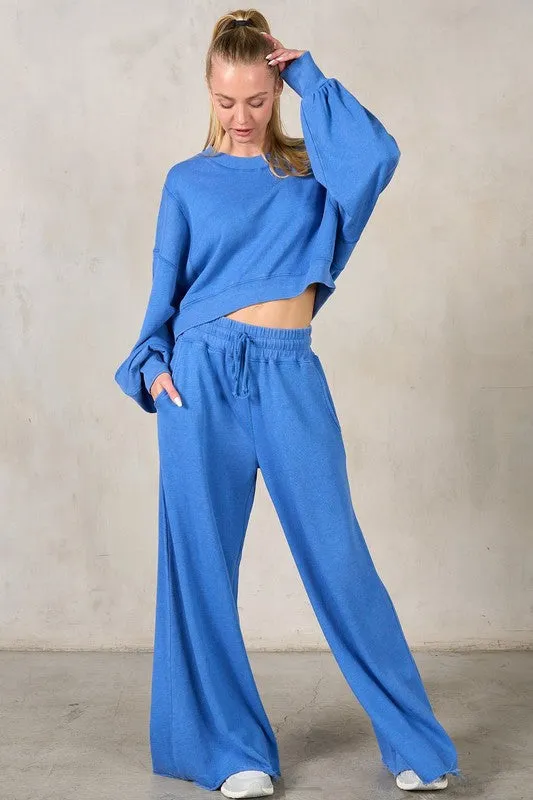 Roy Ribbed Semi-Cropped Sweatshirt and Wide Leg Sweatpant Two Piece Set