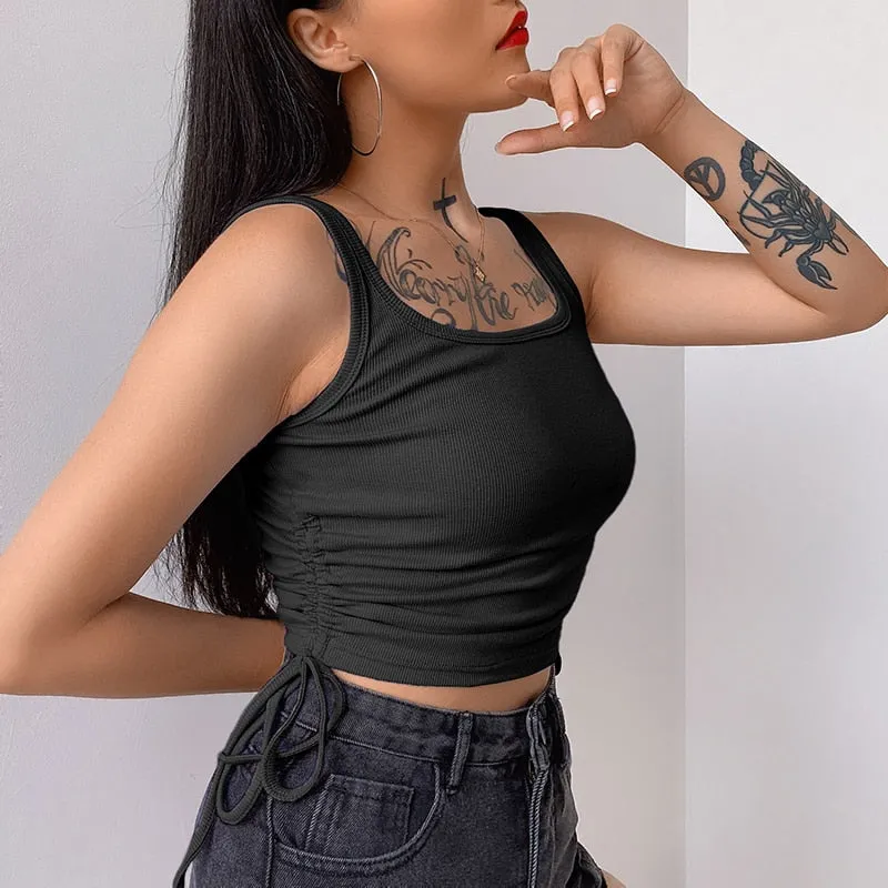 Solid Casual Women Tank Tops Clothing Sleeveless Skinny Ruched Lace Up Bralette Crop Top Summer Streetwear Blue