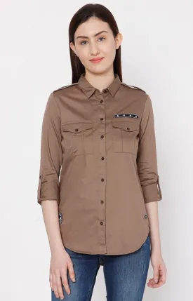 Spykar Brown Cotton Regular Fit Shirts For Women