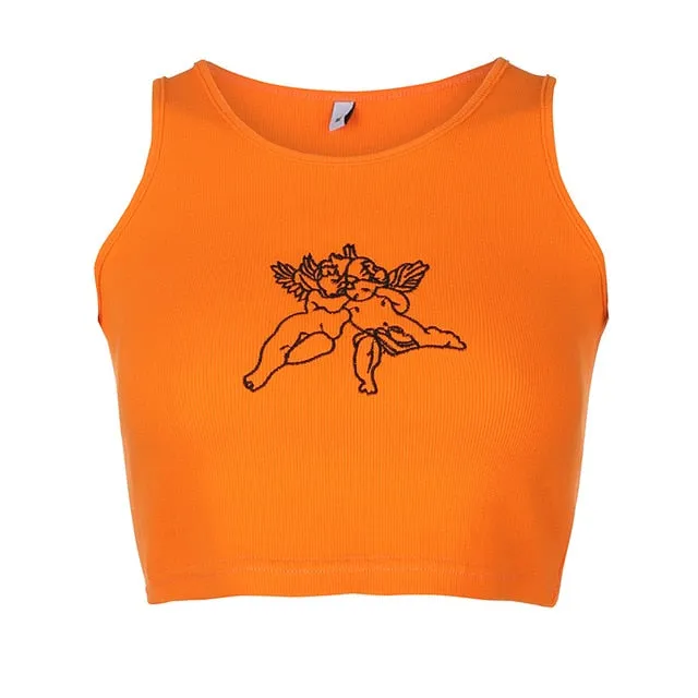 Tank Tops Sexy Fitness Angel Pattern Bralette Crop Top Sleeveless