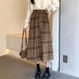 Toleet-Autumn Winter Woolen Plaid Skirt for Women 2024 Vintage High Waist Midi Skirts Woman A-Line Pleated Long Skirts Female