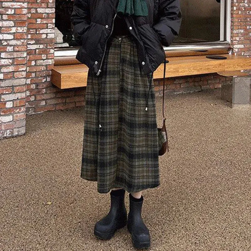 Toleet-Autumn Winter Woolen Plaid Skirt for Women 2024 Vintage High Waist Midi Skirts Woman A-Line Pleated Long Skirts Female