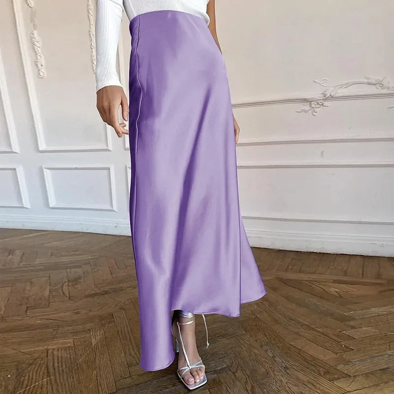 Toleet Women High Street Satin Skirts High Waist Solid Elegant Office Midi Length Skirts New Fashion Autumn Winter A Line Skirts