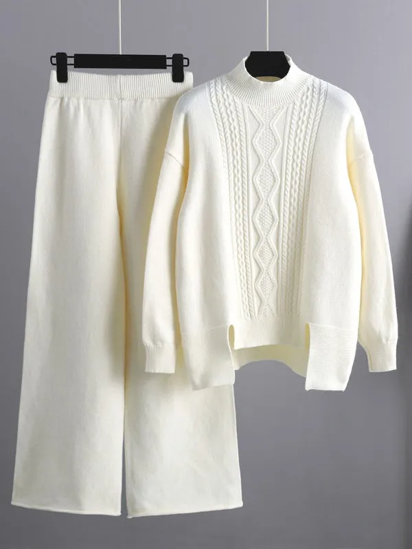 Urban Loose Split-Side Half Turtleneck Sweater Tops& Wide Leg Pants Two Pieces Set