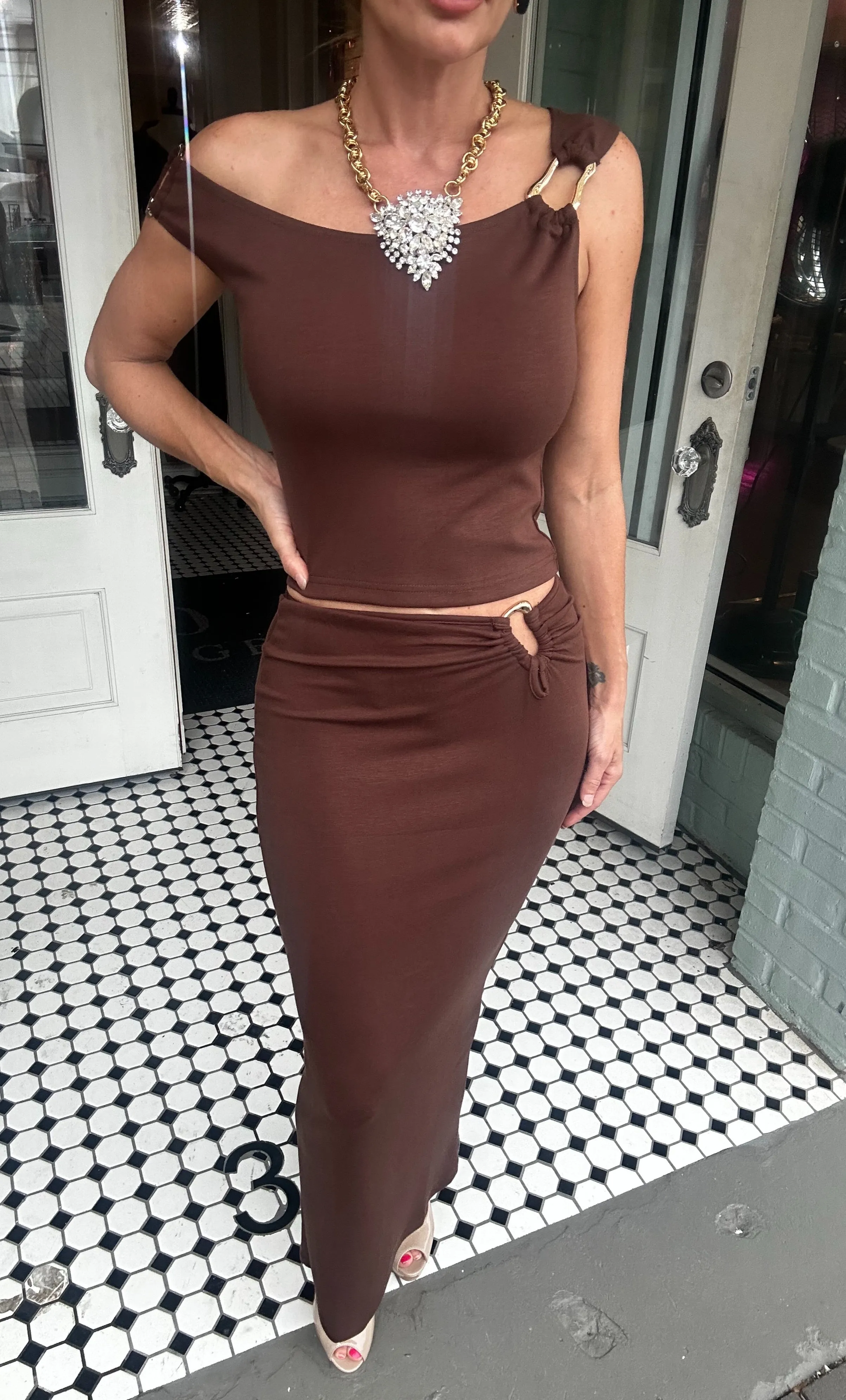 Viva Metal Trimmed Knit Maxi Skirt set