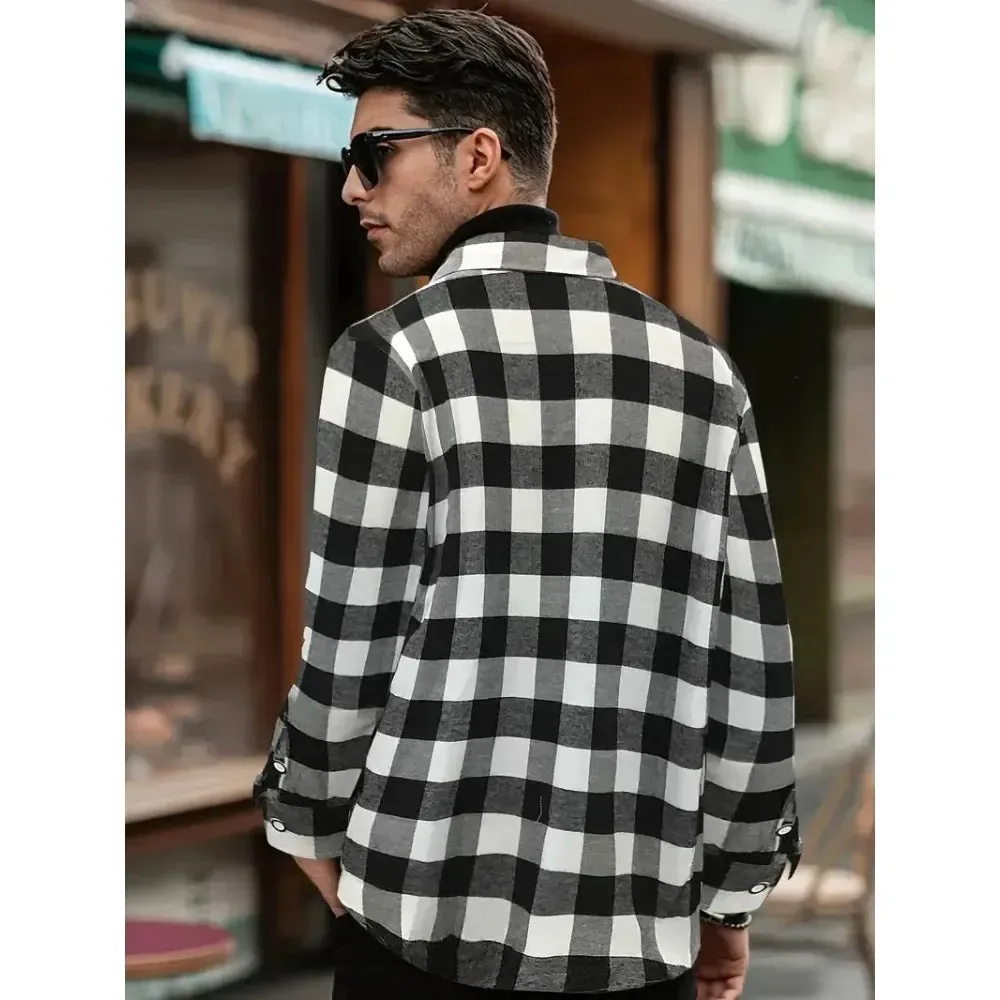 Wiaofellas  -  Plus Size Fashion Shirts Men's Plaid Shirt Long Sleeve Soft Classic Retro Lapel Double Pocket Design Business Casual Men's Tops