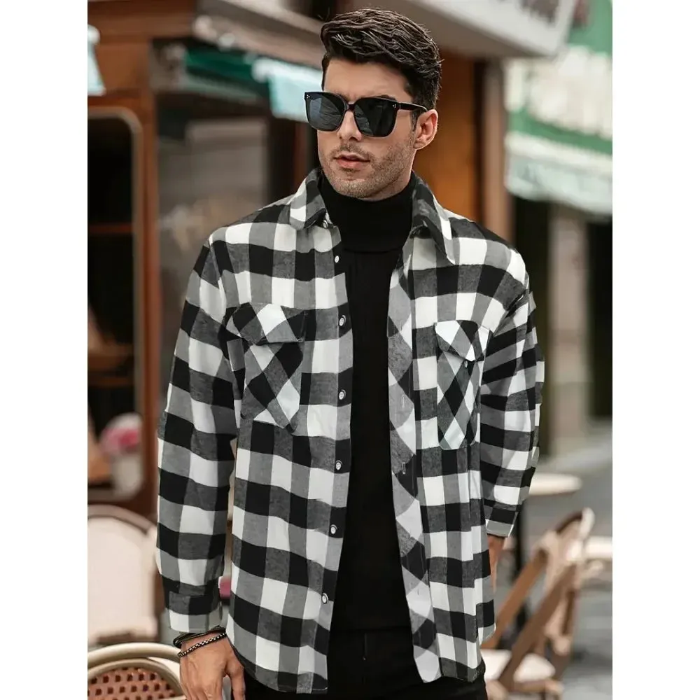 Wiaofellas  -  Plus Size Fashion Shirts Men's Plaid Shirt Long Sleeve Soft Classic Retro Lapel Double Pocket Design Business Casual Men's Tops