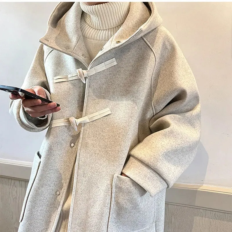 WIAOFELLAS Winter Men Coats Women Solid Hooded Long Jacket with Cowhorn New Korean Casual Loose Coat Fashion Male Clothing for Unisex