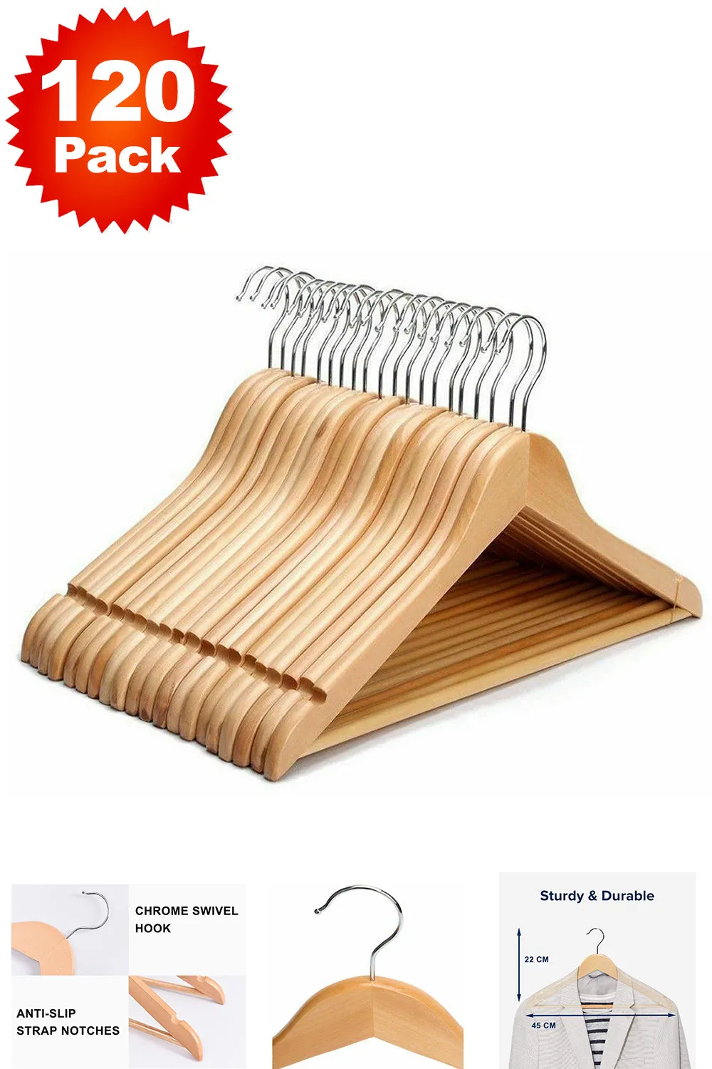 Wooden Hangers With Metal Hook - 40/60/80/120 Pack