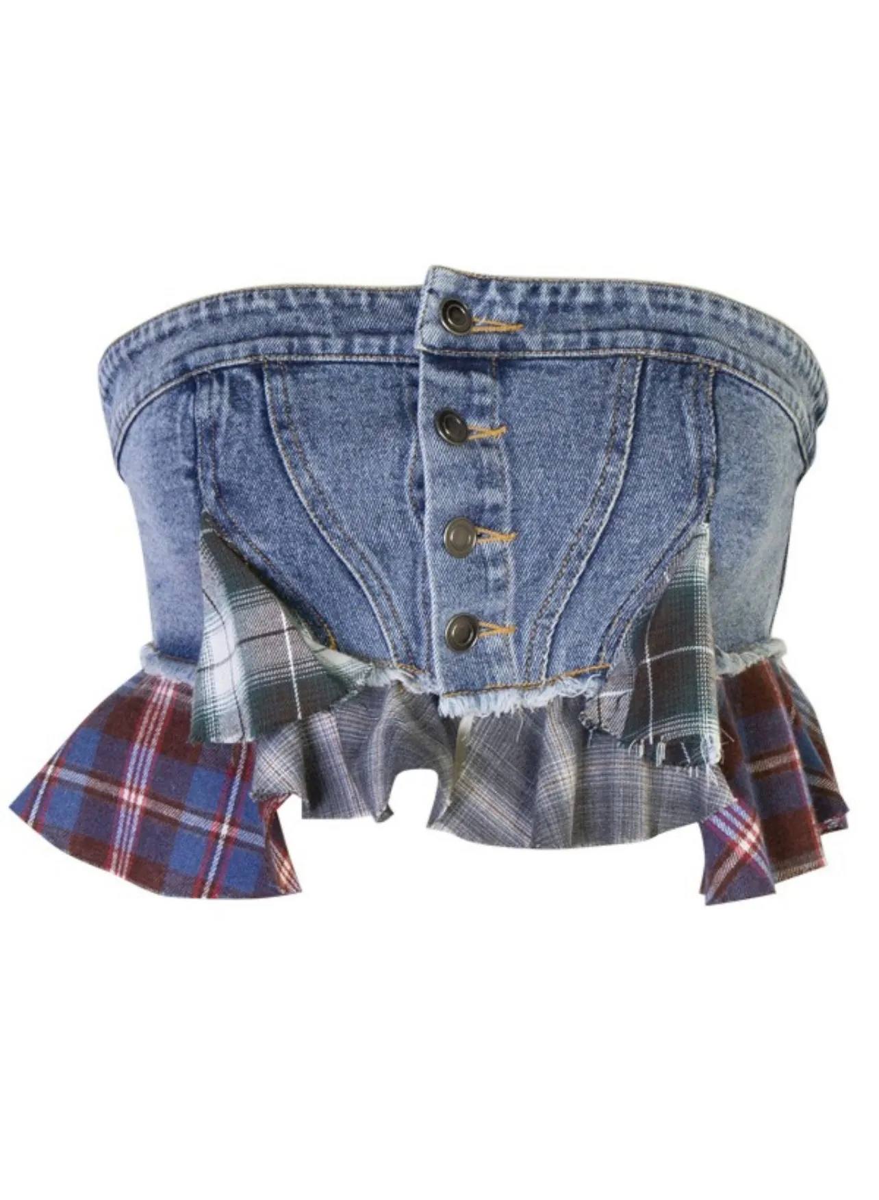 Zara Denim Corset Top With Plaid Patches