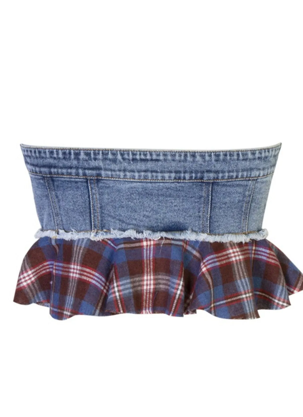 Zara Denim Corset Top With Plaid Patches